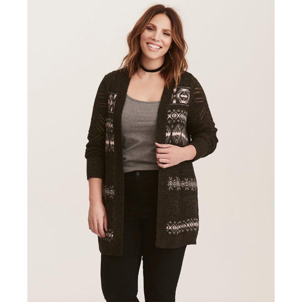 Torrid Multi-Color Geometric Pattern Green Pink Open Cardigan Size 0 = L 12